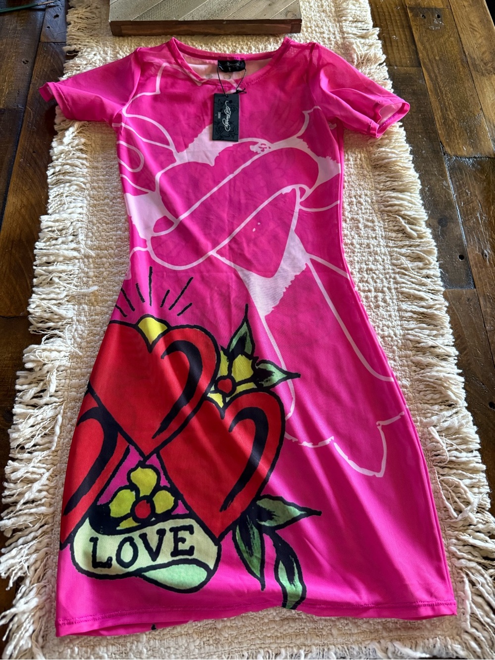 Hot Pink Ed Hardy Swim Hearts Skulls Mesh New York City Bikini Cover Up NWT L
